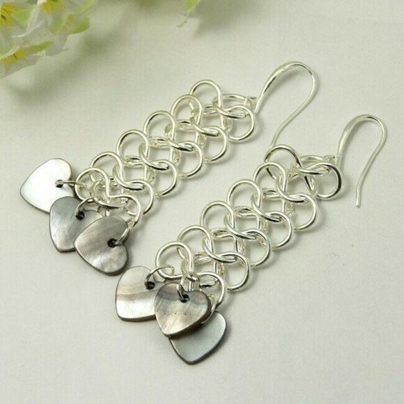 Handmade Silver Chainmail Dangle Earrings Hearts Mother of Pearl Shell - Picture 1 of 1
